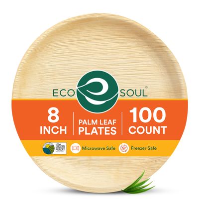 ECO SOUL 8 Inch Disposable Palm Leaf Plates [100 Pack] Premium Food-Safe Heavy Duty Compostable Bamboo Paper Plates for Lunch, Dinner, Birthday, Weddings, Party, Camping & Catering Events [Round]