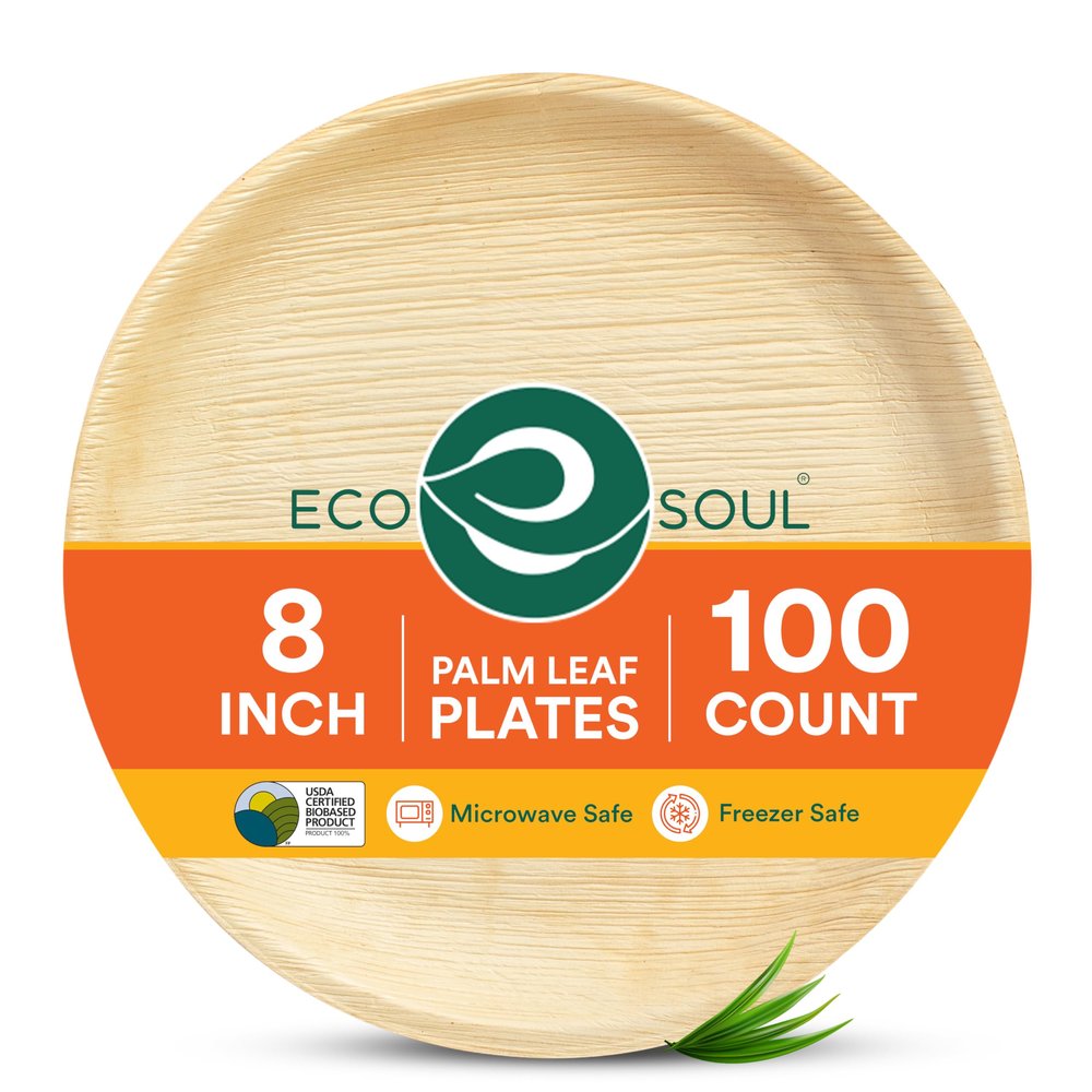 ECO SOUL 8 Inch Disposable Palm Leaf Plates [100 Pack] Premium Food-Safe Heavy Duty Compostable Bamboo Paper Plates for Lunch, Dinner, Birthday, Weddings, Party, Camping & Catering Events [Round]