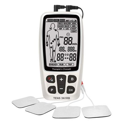 Therapists Choice Rechargeable TENS3N1RB Combo TENS, EMS, Massage with Body Image Diagram Electrode Placement, with Belt Clip and Display Box.