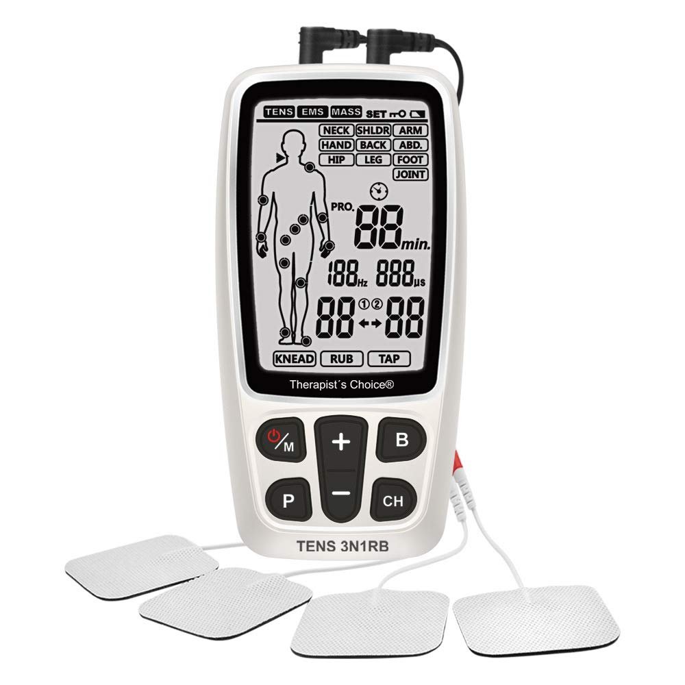 Therapists Choice Rechargeable TENS3N1RB Combo TENS, EMS, Massage with Body Image Diagram Electrode Placement, with Belt Clip and Display Box.