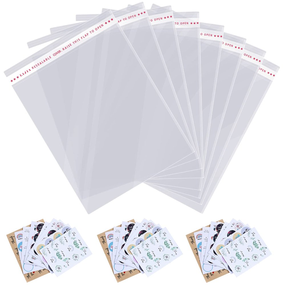 200 pcs 13" x 19" Large Clear Resealable Cellophane Bags for Packaging Products Self-sealing Gift Bags Self-adhesive Plastic Bags for Gifts Clothes Small Business Goodie, Thank you Stickers