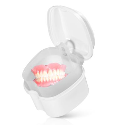 KISEER White Denture Bath Case Cup Box Holder Storage Soak Container with Strainer Basket for Travel Cleaning