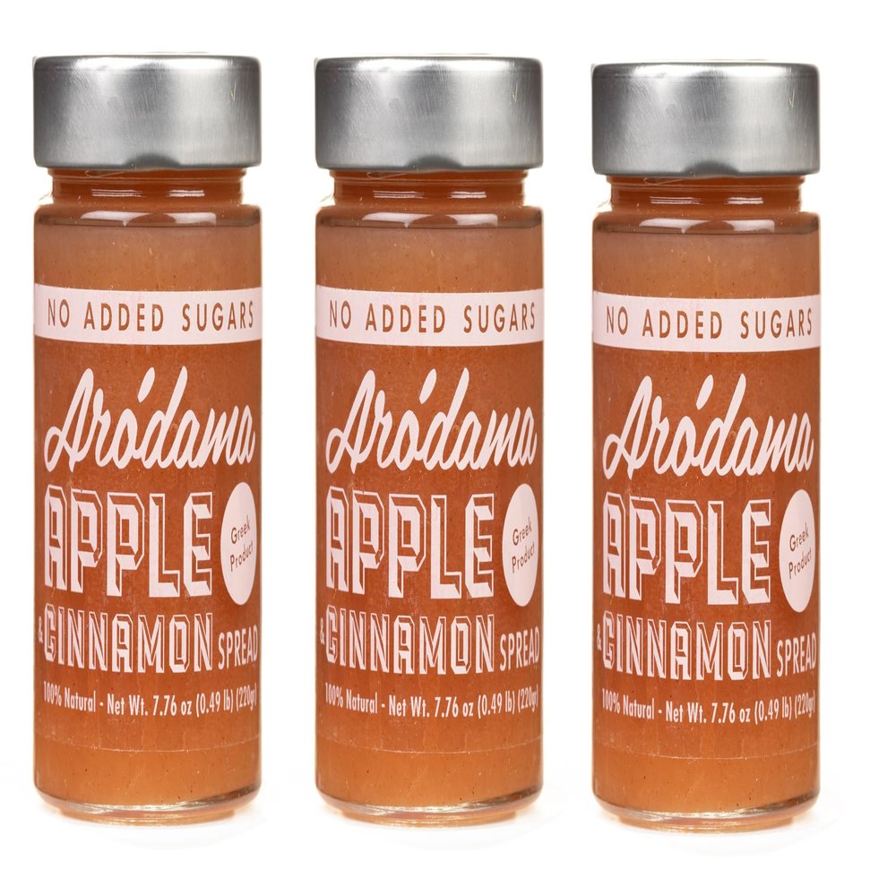 ARODAMA PREMIUM GREEK MARMALADE (JAM, SPREAD) NO SUGAR ADDED, 7.8 OZ/ 220 GRS CRETAN PRODUCT 100% NATURAL NO PRESERVATIVES OR ADDITIVES (APPLE WITH CINNAMON NO SUGAR ADDED, 3 JAR PACK)