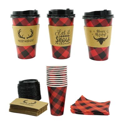 4E's Novelty 16oz Buffalo Plaid Christmas Cups with Lids, Cup Sleeves, Napkins(12 Packs) Insulated Disposable Paper Coffee Cups for Hot Cocoa Birthday Party Supplies, Hot Chocolate Bar