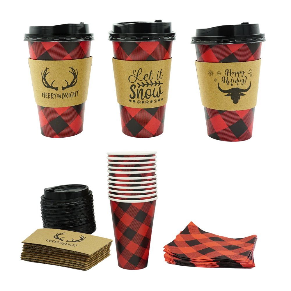 4E's Novelty 16oz Buffalo Plaid Christmas Cups with Lids, Cup Sleeves, Napkins(12 Packs) Insulated Disposable Paper Coffee Cups for Hot Cocoa Birthday Party Supplies, Hot Chocolate Bar