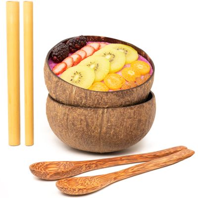 Rainforest Bowls Set of 2 Regular Raw Coconut Bowls, 2 Wooden Spoons & 2 Reusable Bamboo Straws - 100% Natural, Hand Carved by Artisans, Eco-Friendly & Sustainable - Smoothie/Acai/Salad Bowls