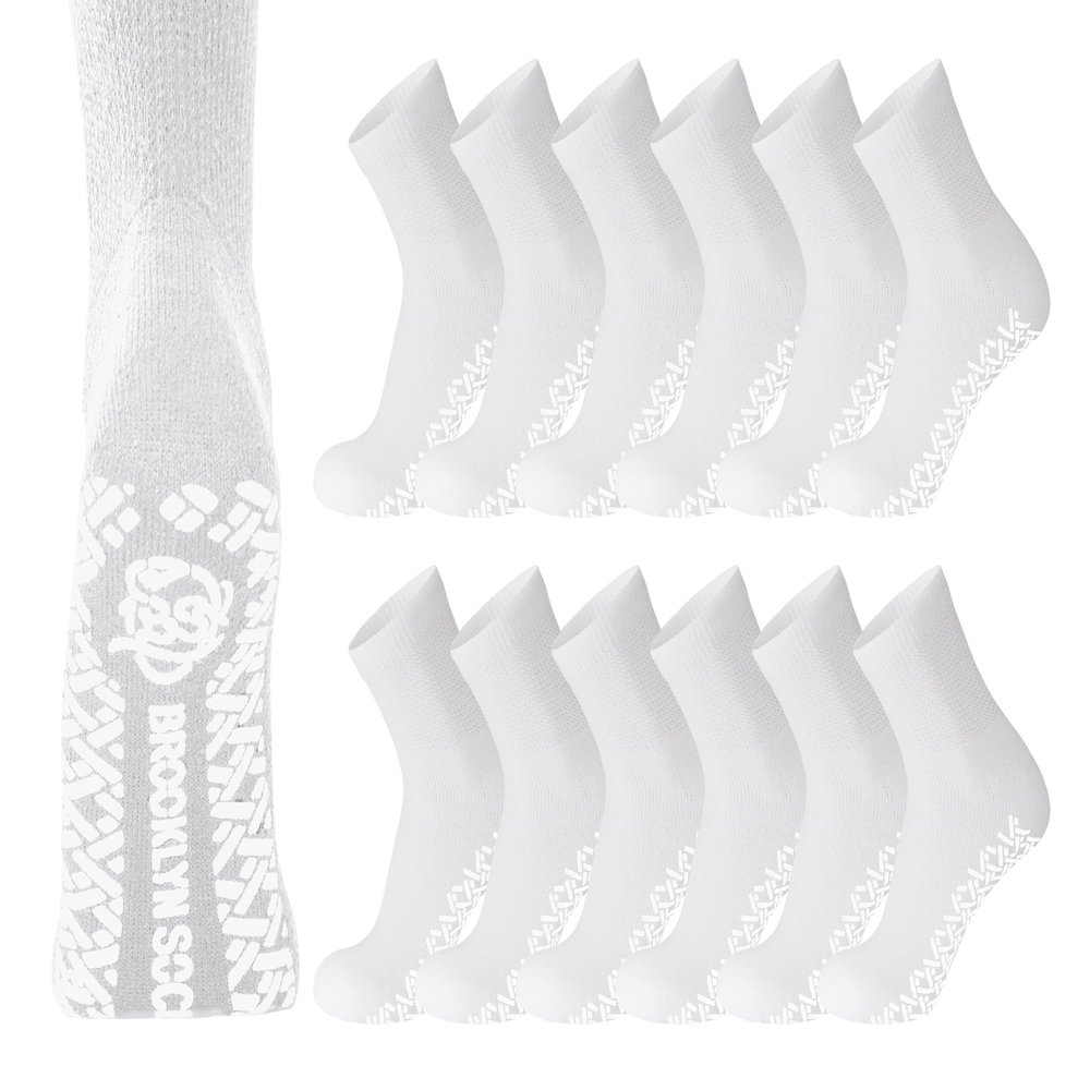 24 Pairs of Men's Non-Skid Diabetic Cotton Quarter Socks, Non Binding Top Therapeutic Cotton Gripper Socks (White, Socks Size 10-13)