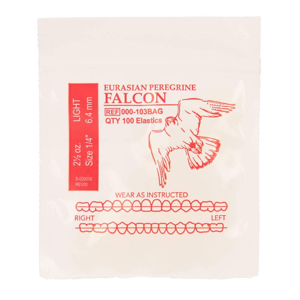 American Orthodontics Elastics Wildlife Falcon | Light, 2.5 O, 1/4" Size, 100 Packs Per Box, 10,000 Total | Made in The USA | Exacting Dimensions, Precision Cutting, Top Quality Latex Tubing
