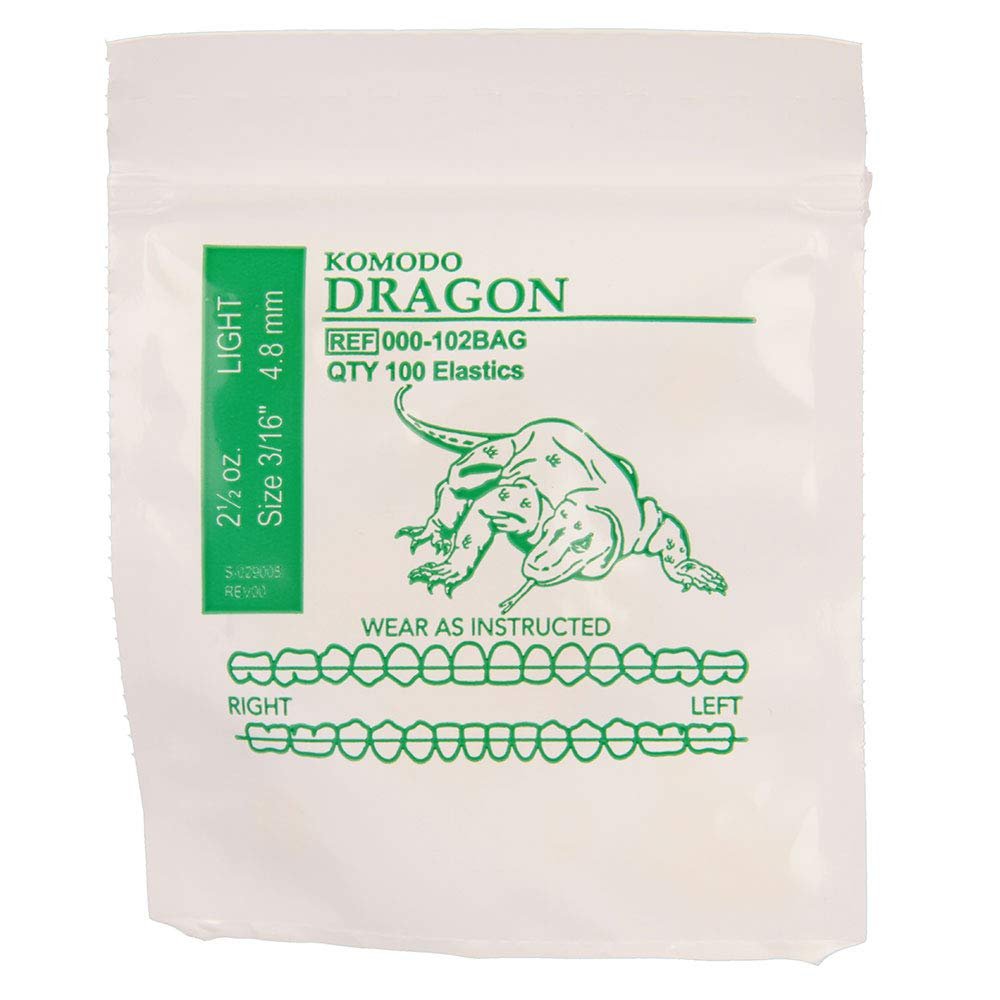 American Orthodontics Elastics Wildlife Dragon | Light, 2.5 Oz, 3/16" Size, 100 Packs Per Box, 10,000 Total | Made in The USA | Exacting Dimensions, Precision Cutting, Top Quality Latex Tubing
