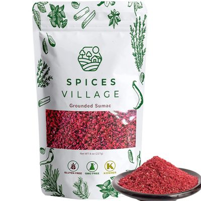 SPICES VILLAGE Ground Sumac Spice, Sumac Seasoning, 8 oz, Sumac Powder, Kosher Certified, Gluten Free Non GMO, Resealable Bag