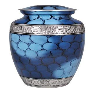 'Cloudy Blue Zircon' Handcrafted Adult Cremation Urn for Human Ashes, Large, Engraved, Painted; 10.5" X 6.25", with Velvet Bag