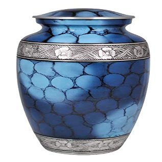 'Cloudy Blue Zircon' Handcrafted Adult Cremation Urn for Human Ashes, Large, Engraved, Painted; 10.5" X 6.25", with Velvet Bag