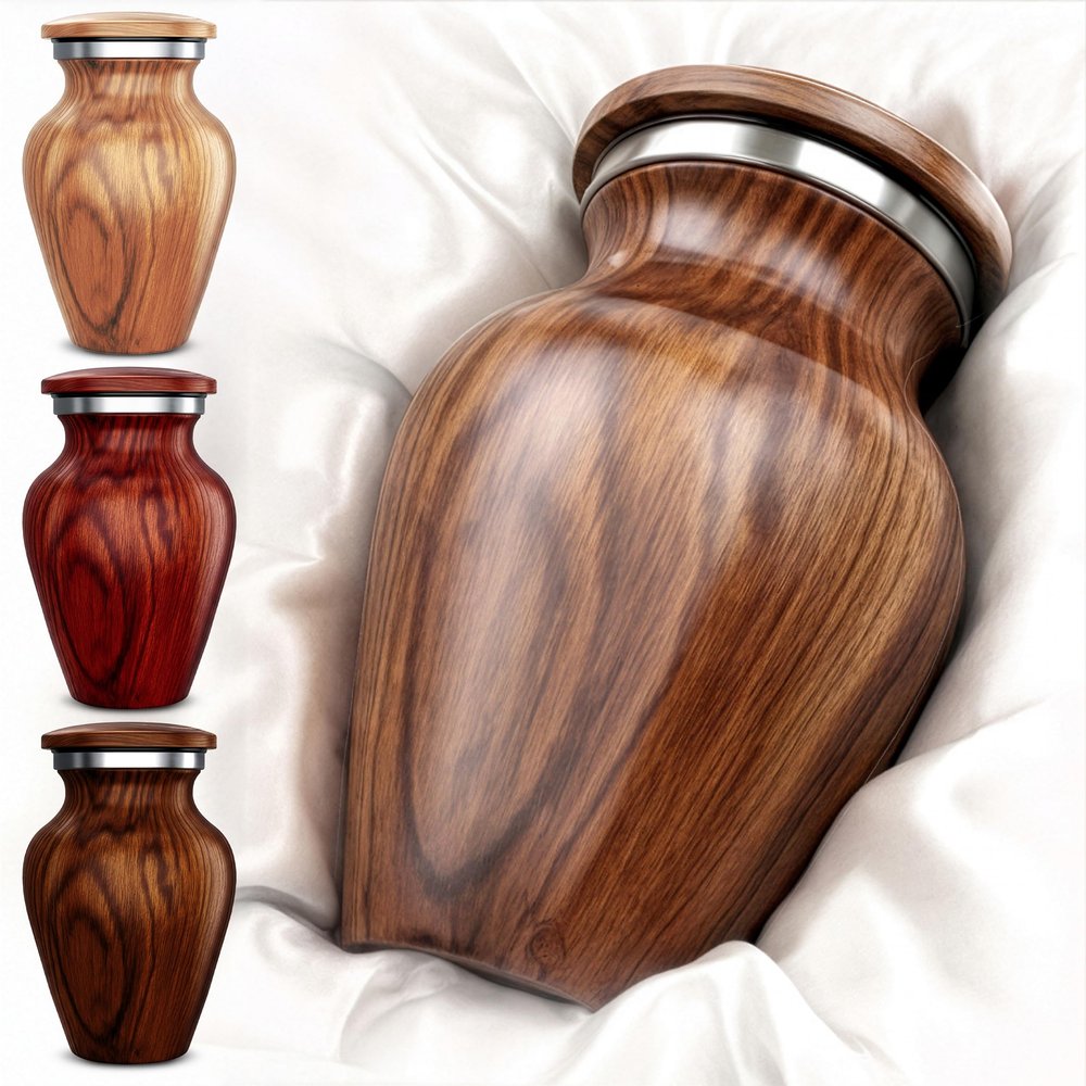 Small Keepsake Urn for Human Ashes Teak Wood Appearance Memorial Handcrafted Mini Urn for Sharing Recycled Cast Aluminum Secure Lid - Velvet Bag & Funnel Decorative Container
