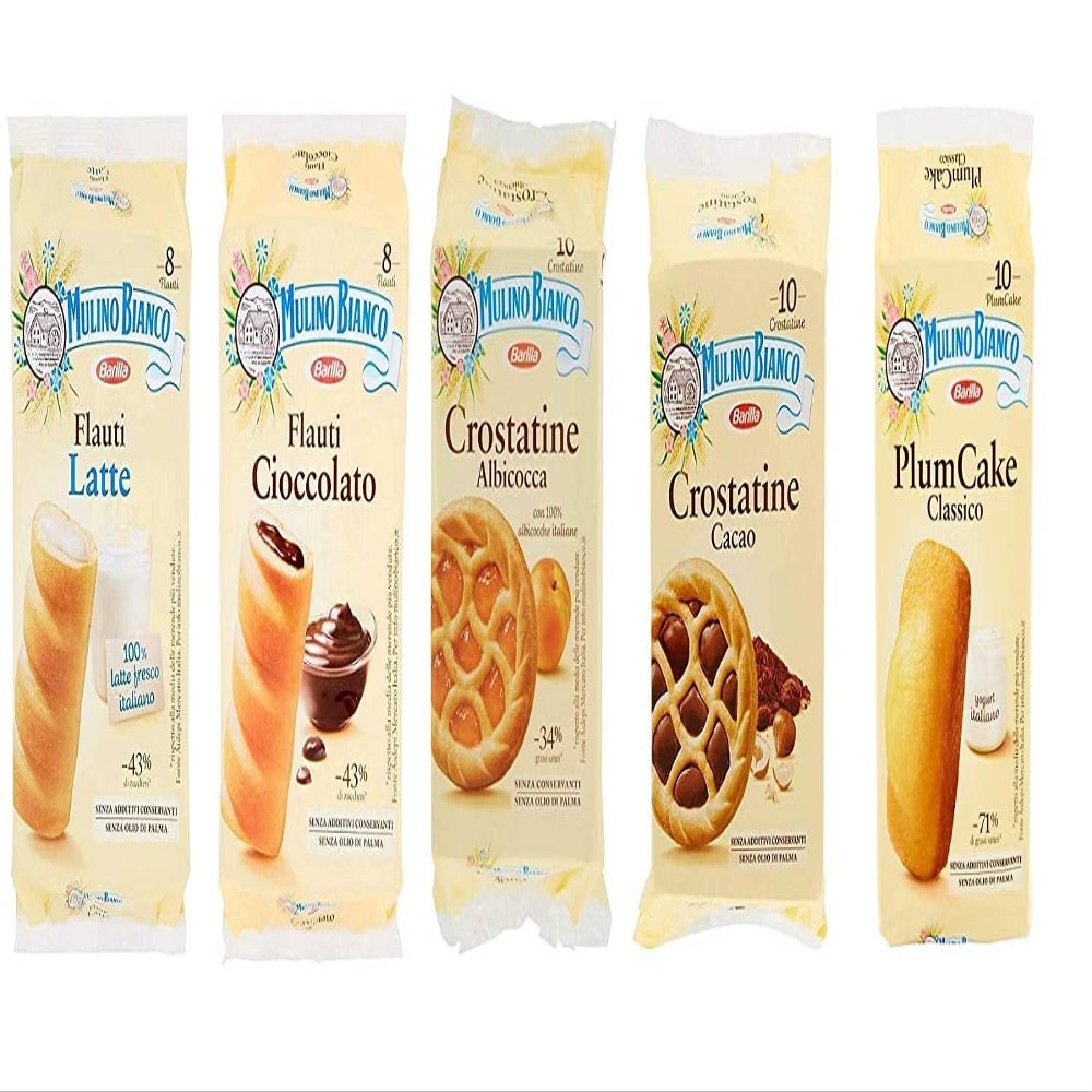 MULTIPACK Mulino Bianco merendine confezionate: Crostatina cacao e albicocca - Flauti cioccolato e latte -PlumCake classico 5 pezzi