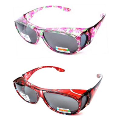 2 Pair Large Polarized Rhinestone Fit Over Reading Glasses Sunglasses Anti Glare Oval Rectangular (Deep Red/Floral)