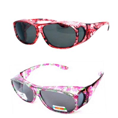 2 Pair Large Polarized Rhinestone Fit Over Reading Glasses Sunglasses Anti Glare Oval Rectangular (Light Red/Floral)