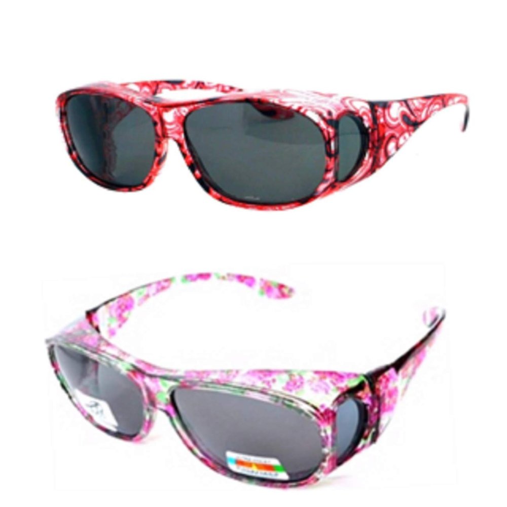2 Pair Large Polarized Rhinestone Fit Over Reading Glasses Sunglasses Anti Glare Oval Rectangular (Light Red/Floral)