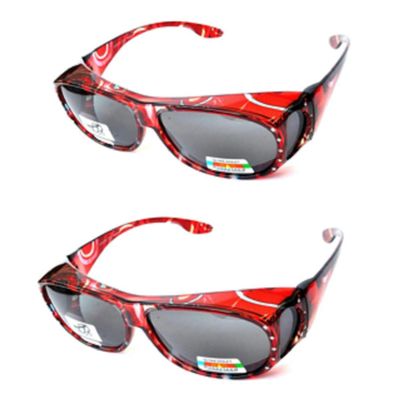 2 Pair Large Polarized Rhinestone Fit Over Reading Glasses Sunglasses Anti Glare Oval Rectangular (Deep Red/Deep Red)