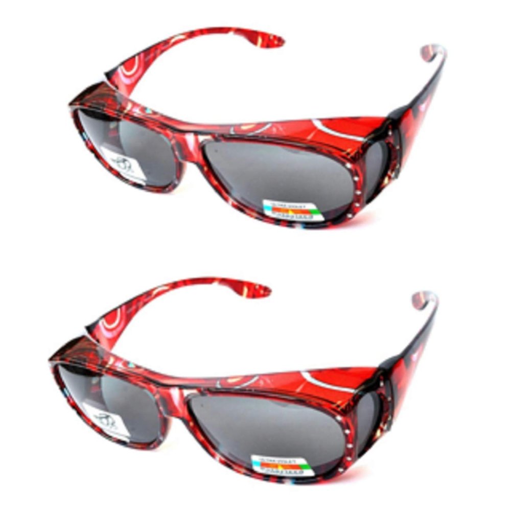 2 Pair Large Polarized Rhinestone Fit Over Reading Glasses Sunglasses Anti Glare Oval Rectangular (Deep Red/Deep Red)