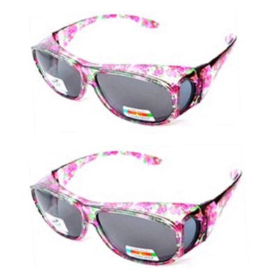 2 Pair Large Polarized Rhinestone Fit Over Reading Glasses Sunglasses Anti Glare Oval Rectangular (Floral/Floral)