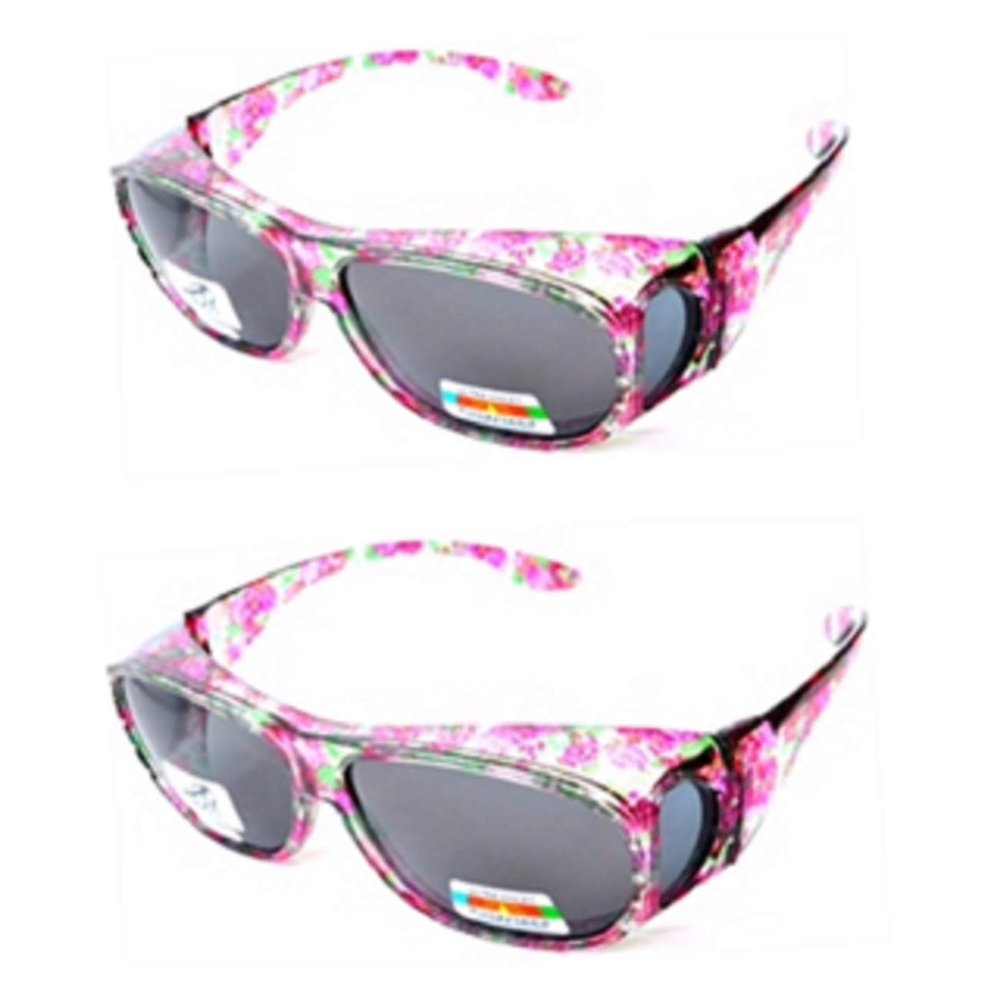2 Pair Large Polarized Rhinestone Fit Over Reading Glasses Sunglasses Anti Glare Oval Rectangular (Floral/Floral)