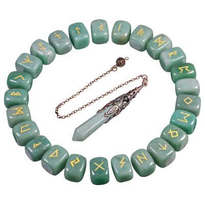 mookaitedecor Green Aventurine Runes Stones Set & 6 Facted Crystal Pendulum for Divination Dowsing Meditation Balancing