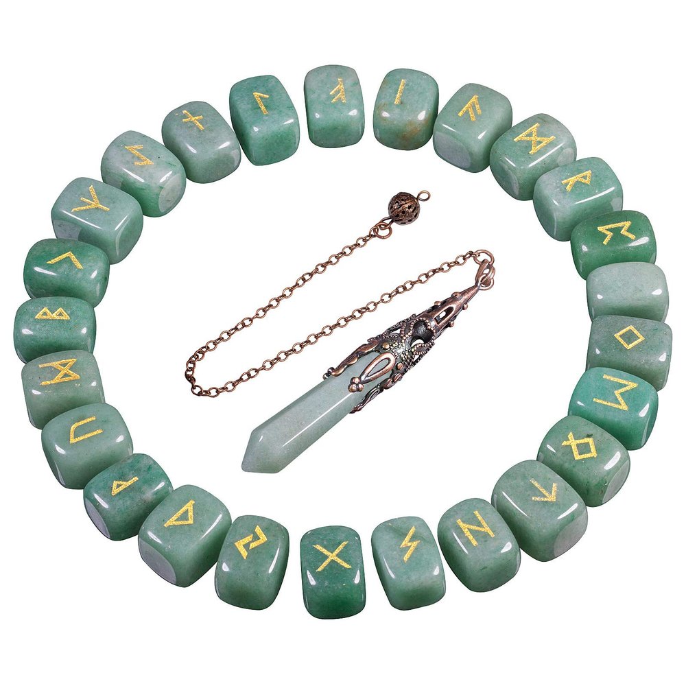 mookaitedecor Green Aventurine Runes Stones Set & 6 Facted Crystal Pendulum for Divination Dowsing Meditation Balancing