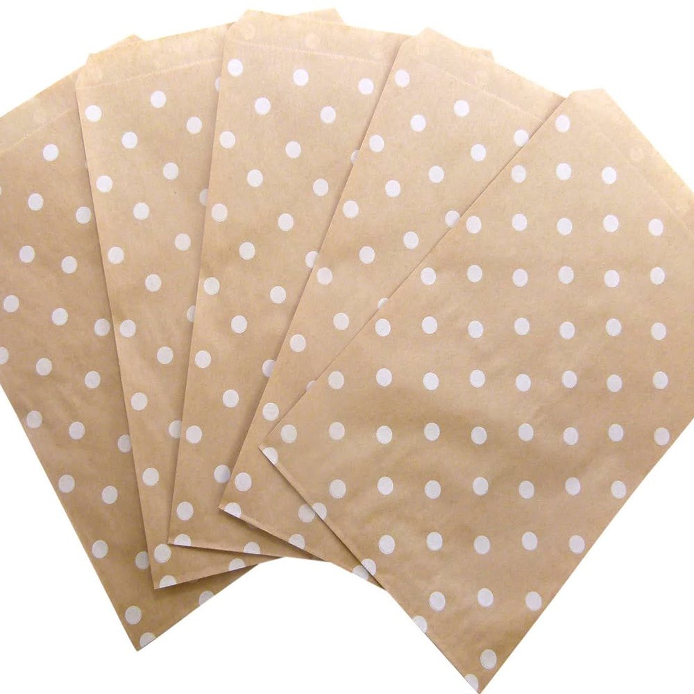 100 Qty 4" x 6" Decorative Flat Paper Gift Bags - White Polka-Dot on Brown Kraft Bags - For Sales/Treats/Parties Cookies/Gifts