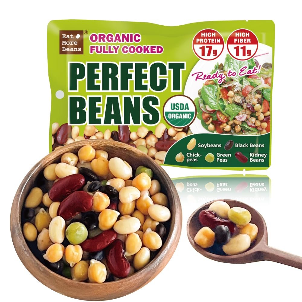 Eat More BeansOrganic Fully Cooked Perfect Beans - Economy Pack, USDA Vegan Vegetarian Healthy Food- Variety of Organic Edamame, Chickpea, Black Beans, Green Peas, Kidney Beans (12 Packs, 5 oz)