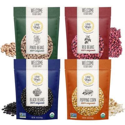 1000 SPRINGS MILL Organic Variety Pack - Red Beans, Black Beans, Pinto Beans, Popcorn kernels - Non-GMO, Vegan Friendly, Bulk Dry Beans and Pop Corn Kernels with Resealable Bags - 16oz (Pack of 4)