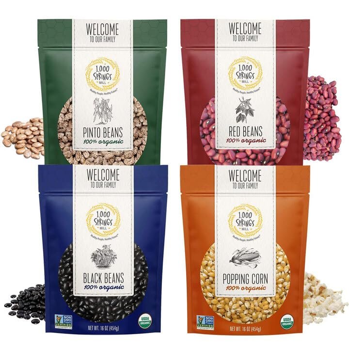 1000 SPRINGS MILL Organic Variety Pack - Red Beans, Black Beans, Pinto Beans, Popcorn kernels - Non-GMO, Vegan Friendly, Bulk Dry Beans and Pop Corn Kernels with Resealable Bags - 16oz (Pack of 4)