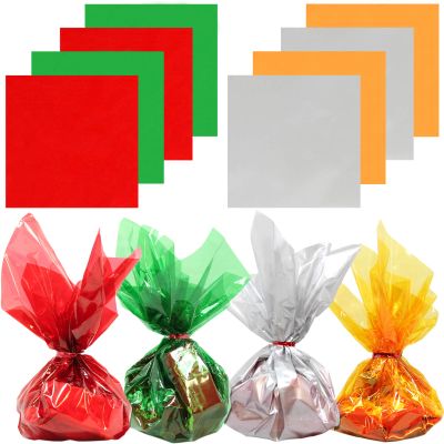 AnapoliZ Cellophane Sheets 120 pcs Pack | (12 x 12 inch) 4 Mix Colors 2.3 Mil | Translucent Holiday, Christmas Cello Sheets - Green, Red, Silver, Gold | Glossy Xmas Colors Sheets for Treats, Crafts