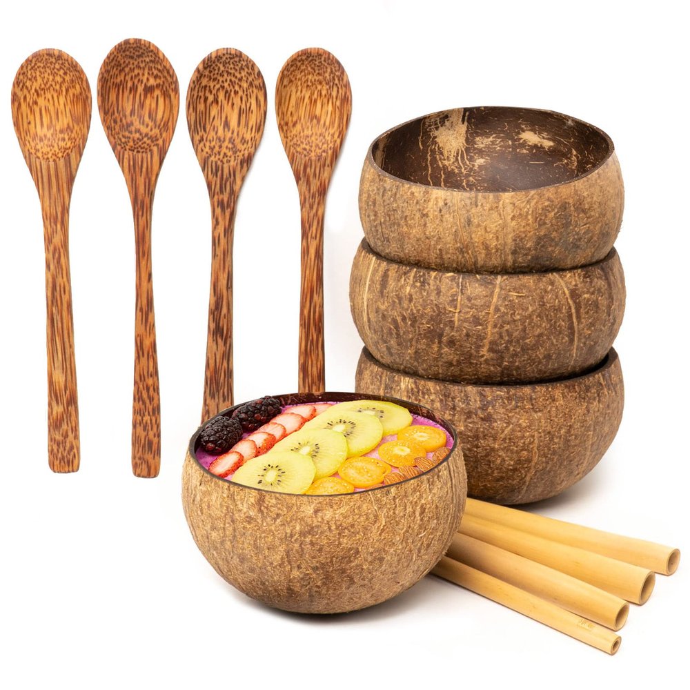 Rainforest Bowls Set of 4 Small Raw Coconut Bowls, 4 Wooden Spoons & 4 Reusable Bamboo Straws - 100% Natural, Hand Carved by Artisans, Eco-Friendly & Sustainable - Smoothie/Acai/Salad Bowls