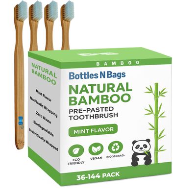 144 Prepasted Bamboo Toothbrushes ,individually Packed all Biodegradable Vegan Eco Friendly Soft Bristles Refreshing Mint Flavors ,great In Home And Fits Compact For Travel ! No Water Needed