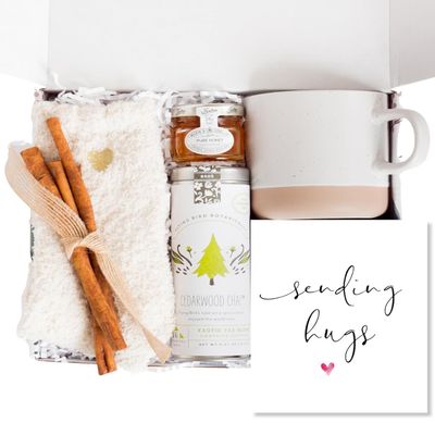 Unboxme Sending Hugs Get Well Soon Gift Basket & Care Package for Women - Self Care Gift Box with Fuzzy Socks, Ceramic Mug, Chai Tea, Honey