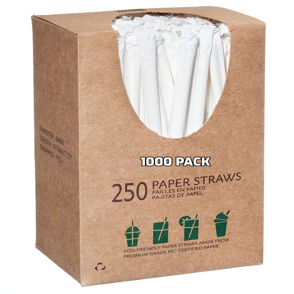 [1000 PACK] Wrapped Disposable Paper Drinking Straws White 7.75 Inches - Compostable, Biodegradable, Earth Friendly Straws, Premium Wrapped Paper Straws for Restaurants, Smoothies, Juice, Cocktail