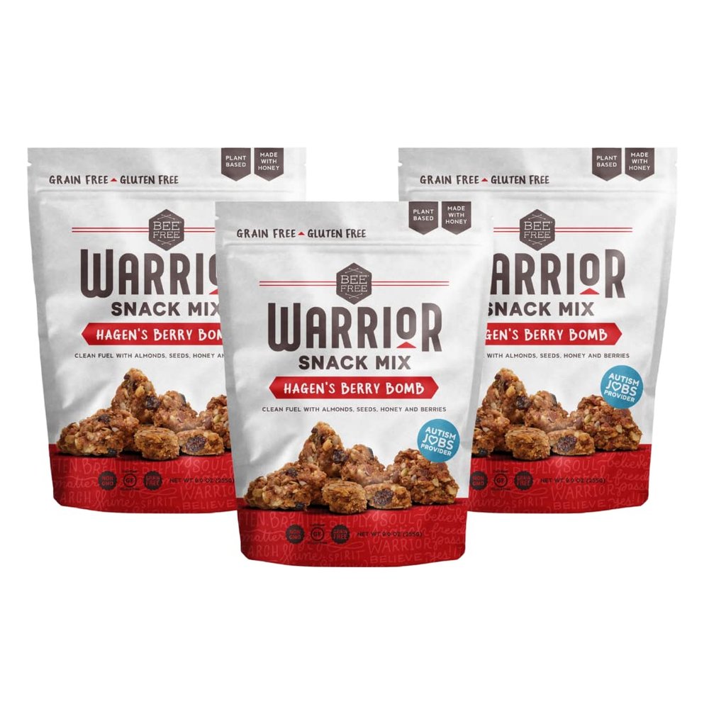 BeeFree Warrior Mix Gluten Free Granola - Chunky Granola Bites | Paleo, Low Carb, Grain Free, Preservative Free, Oat Free | Low Calorie Snacks | Hagens Berry Bomb, 9 Ounce Bags, 3 Pack