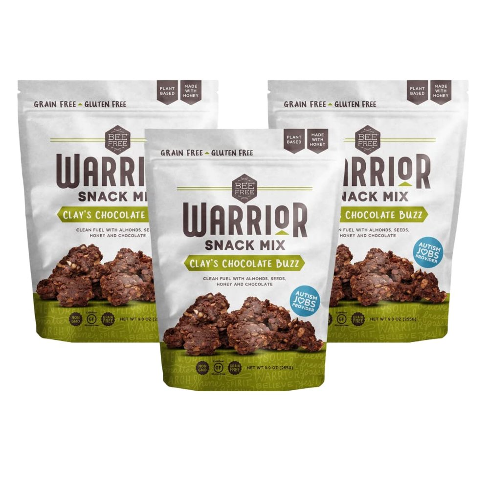 BeeFree Warrior Mix Gluten Free Granola - Chunky Granola Bites | Paleo Granola, Low Carb, Grain Free, Preservative Free, Oat Free | Granola for Yogurt, Low Calorie Snacks | Clays Chocolate Buzz, 9 Ounce Bags, 3 Pack