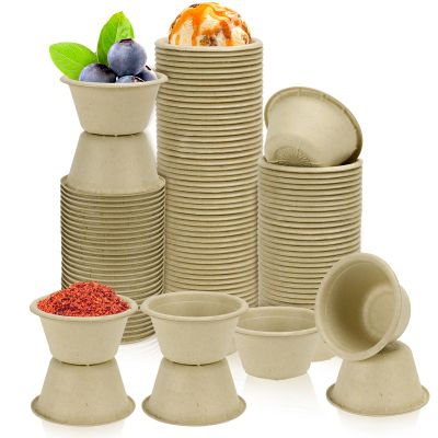 LeonBach 100 Pack Natural Bagasse Fiber Bowls 2oz Disposable Paper Cups Microwavable Safe Sample Snack Charcuterie Serving Cups Disposable Ramekins for Sauce Portion Condiment Ice Cream Desserts