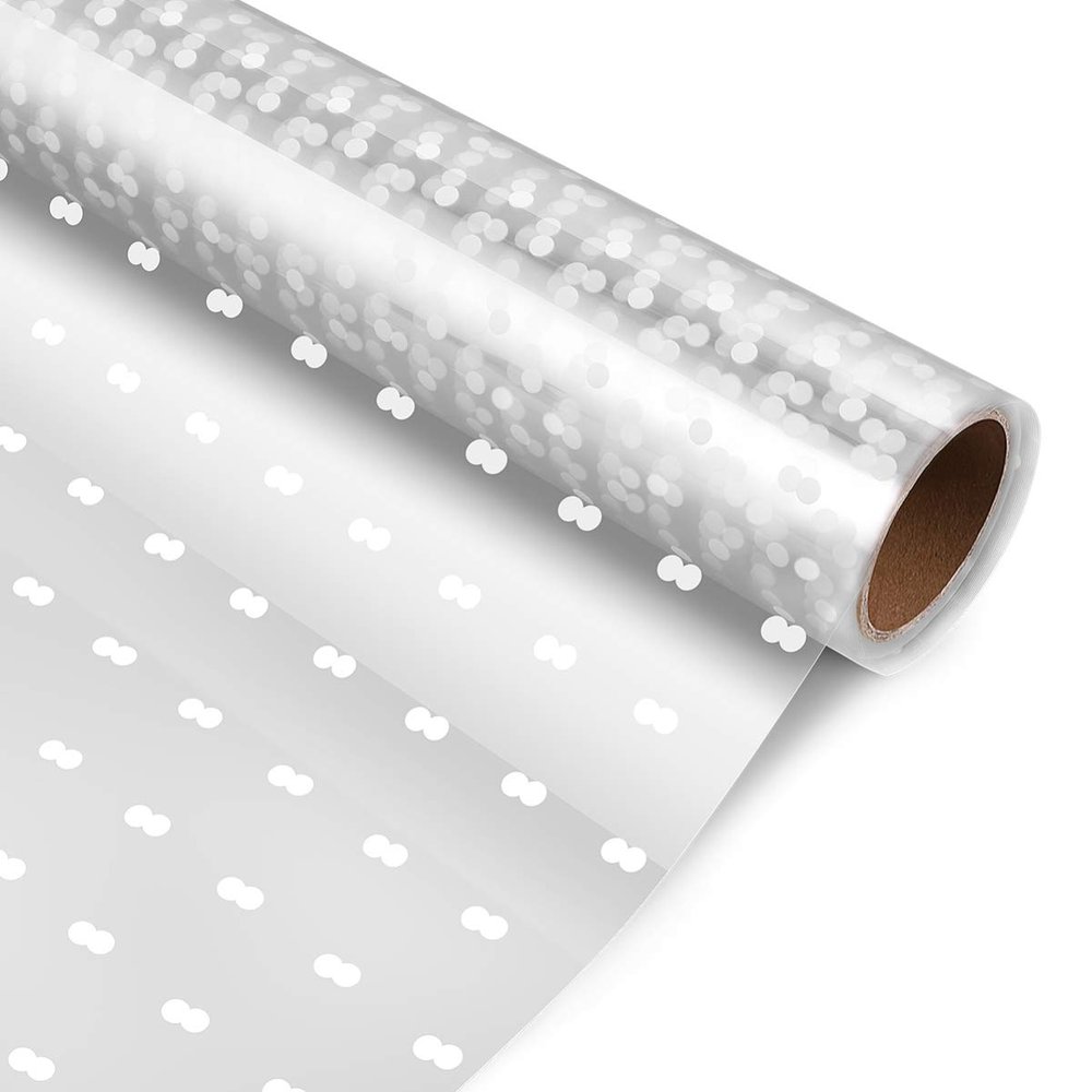 jojofuny Cellophane Wrap Roll White Dots Wrapping Paper for DIY Arts Crafts Decoration, Treats Wrapping Film, Bouquet Package Sheet| 100 Long X 31.5 in. Wide | 3 Mil Thick