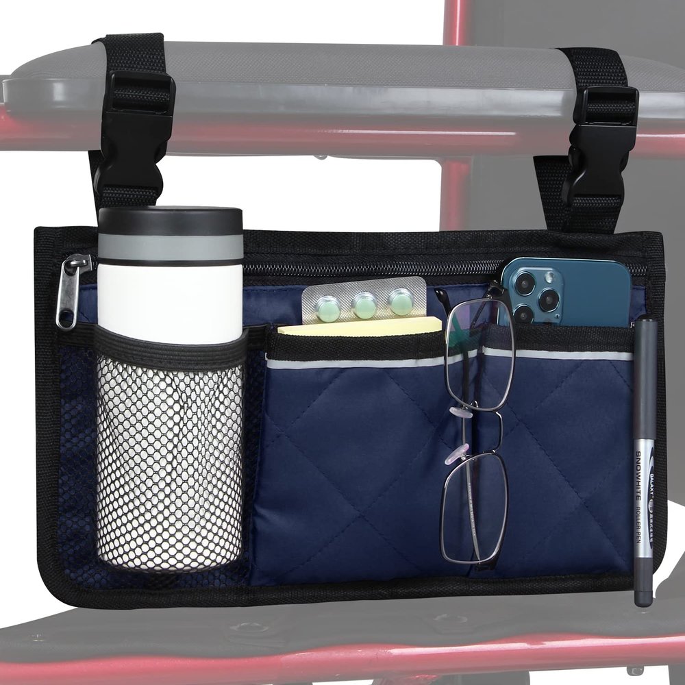 Wheelchair Side Bag, Armrest Storage Pouch with Cup Holder and Reflective Strip for Wheelchairs, Walkers or Rollators (Blue)