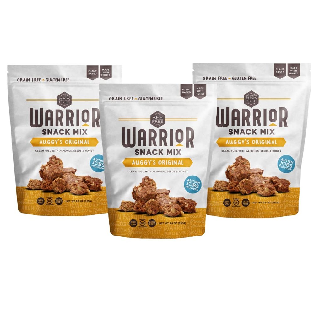 BeeFree Warrior Mix Gluten Free Granola - Chunky Granola Bites | Paleo, Low Carb, Grain Free, Preservative Free, Oat Free | Auggys Original Mix, 9 Ounce Bags, 3 Pack