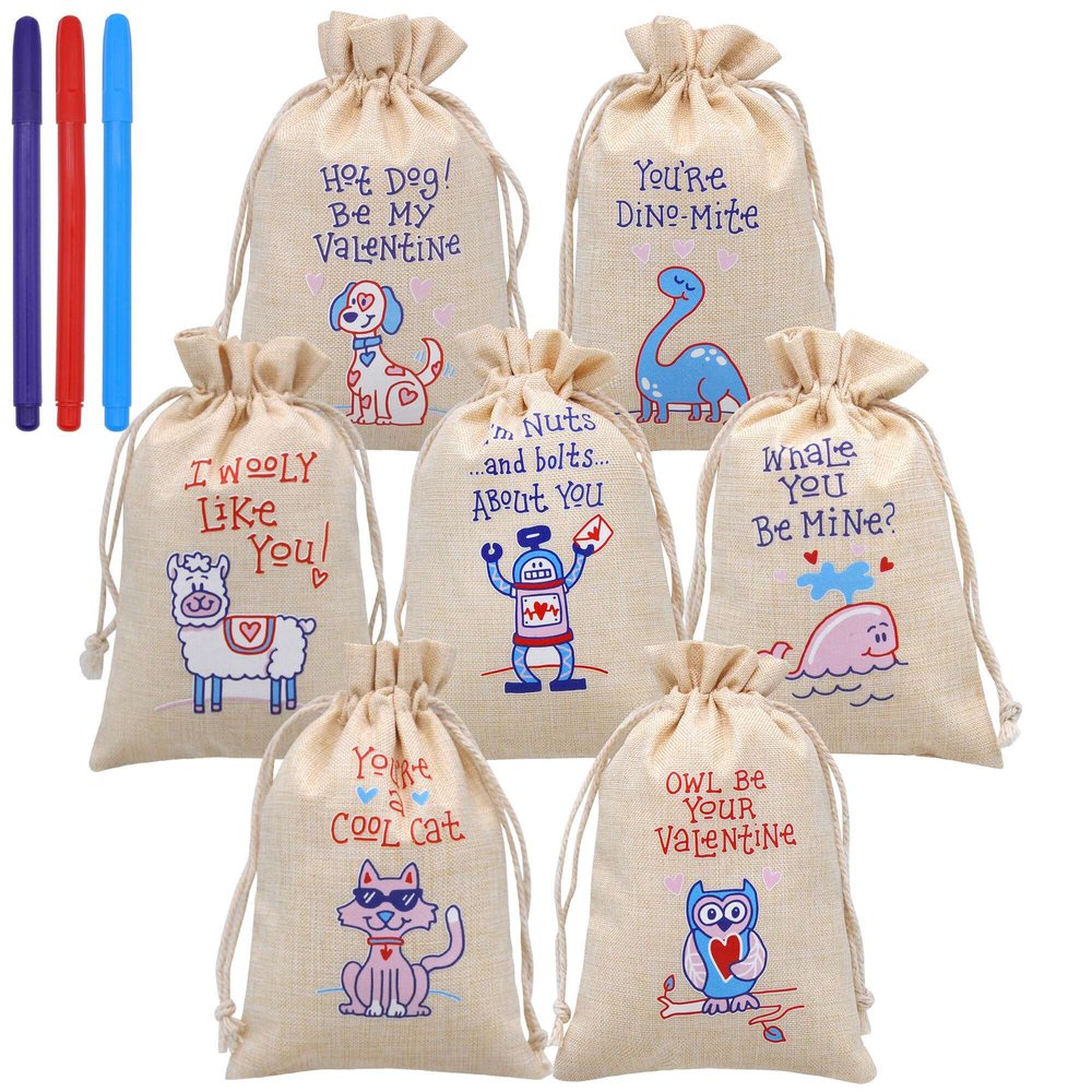 JOYIN 28 Pcs Valentine Drawstrings Canvas Bags with 3 Pens, 4x5.75 Inch Drawstring Pouch Candy Gift Linen Pockets for Kids Party Favor, Classroom Exchange Prizes