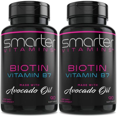 (2 Pack) Smarter Biotin 5000mcg in Avocado Oil, Vitamin B7, Non-GMO, 90 Mini Liquid Softgels, No Soy