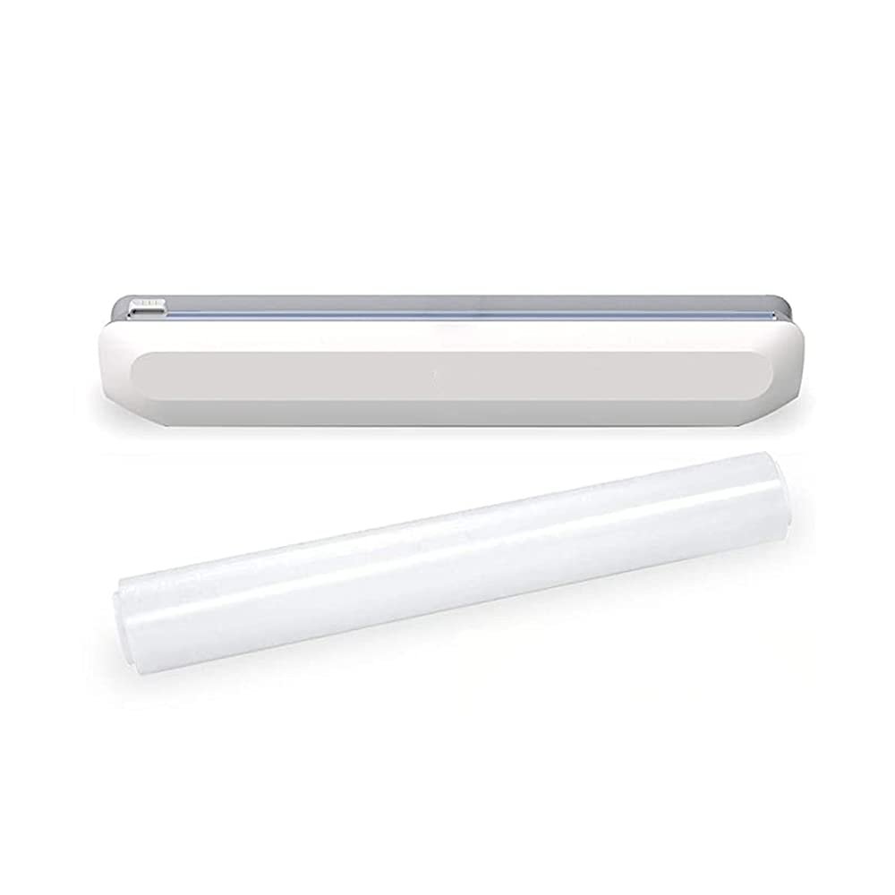 JIEQIJIAJU Plastic Wrap Dispenser with Slide Cutter, Refillable Cling Film Dispenser with Steel Cutter and 12''x250'' BPA Free Household Reusable Food Wrap Dispenser with Cutter for Foil/Film Roll