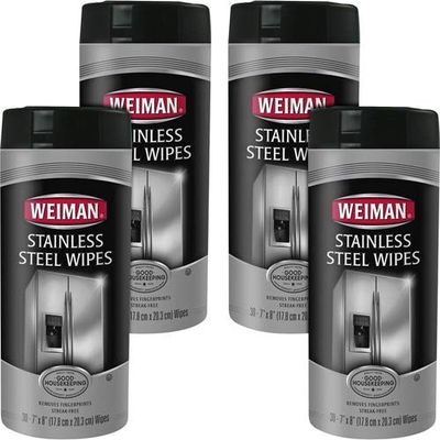 Weiman Products Wipes, f/Stainless Steel, 7"x8", 30 Wipes/Canister, 4/CT, WE