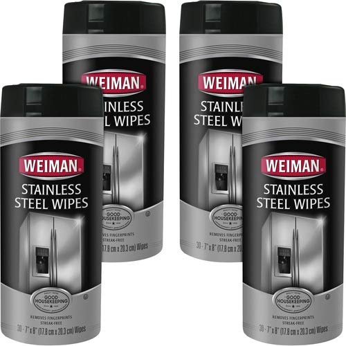 Weiman Products Wipes, f/Stainless Steel, 7"x8", 30 Wipes/Canister, 4/CT, WE