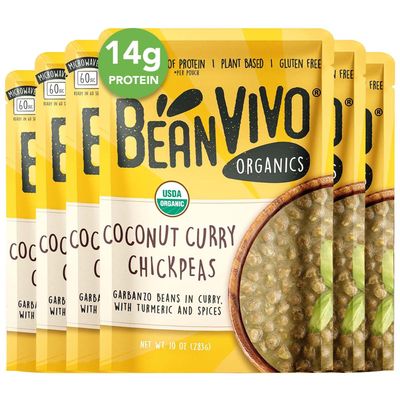 BeanVIVO (Pack of 6) Organics 14g Plant based Protein Coconut Curry Chickpeas - Good Source of Fiber - Nutritious & Microwave Meals - Gluten-Free Plant Food - 10 oz