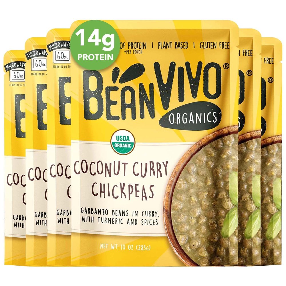 BeanVIVO (Pack of 6) Organics 14g Plant based Protein Coconut Curry Chickpeas - Good Source of Fiber - Nutritious & Microwave Meals - Gluten-Free Plant Food - 10 oz