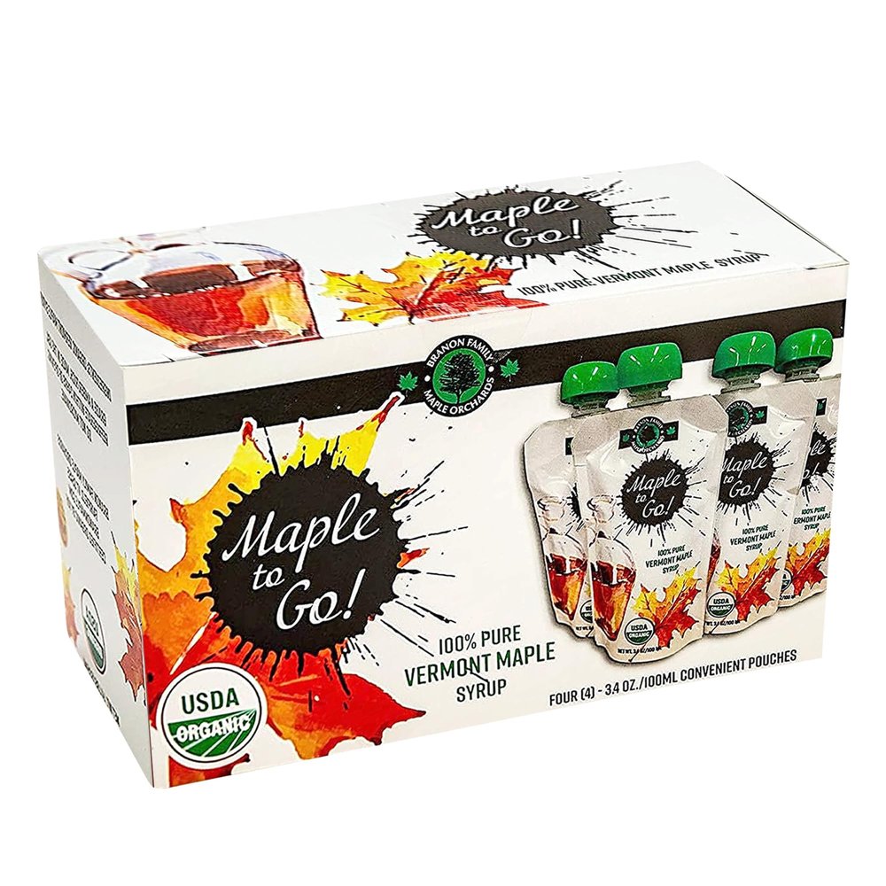 Maple to Go! - Pure Organic Vermont Maple Syrup Packets - Small Maple Syrup Bottles with Resealable Twist Cap| Ideal for Hiking, Camping, Traveling and Kitchen Use - Pack of 4